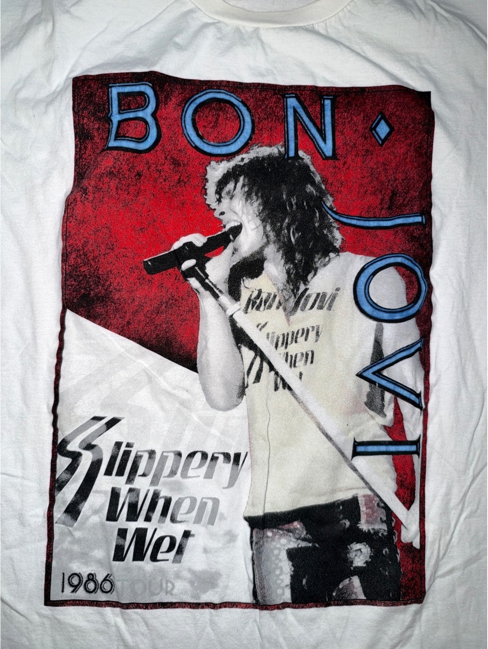 Adult XL Reprint Bon Jovi Slippery When Wet White Graphic Rock Shirt